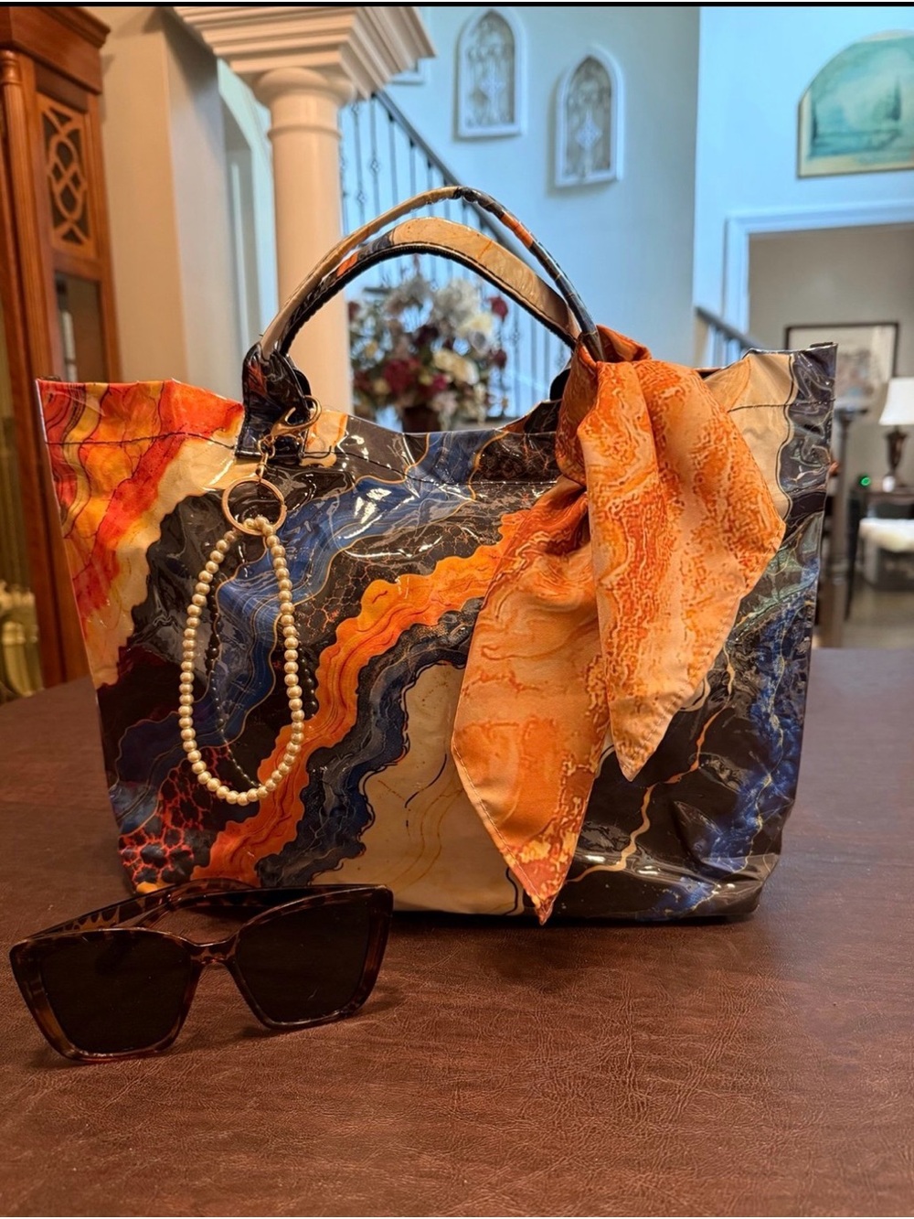 New For Fall Abstract Marble Handbag Set W/Scarf, Sunglasses & Key Wristlet.